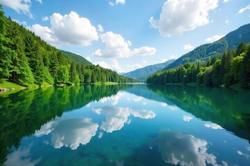 Serene lake reflecting the sky, surrounded by lush green trees and calm waters, perfect for a relaxing getaway Ideal for license, permit, or environmental themes , ecology, permit, tranquil