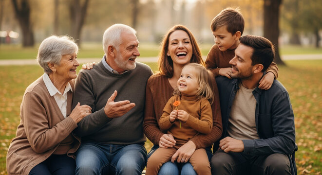 Happy family portrait with mom, dad, grandparents, son and daughter in park setting. Happy family portrait showing connection between generations, joyful expressions, and relaxed posture.