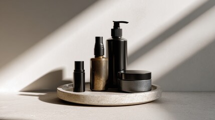 Luxury Black Cosmetic Bottles and Cream Jars on Stone Tray