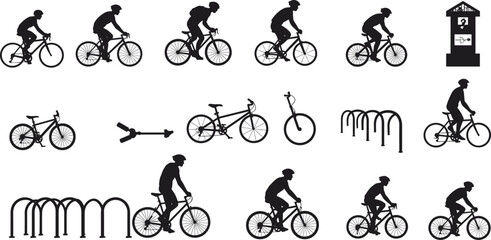 Silhouettes of cyclists riding different types of bicycles, bike racks, bike repair station, urban cycling, bike commuters, cycling activity