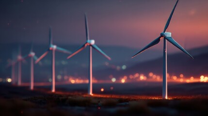 Wind turbines illuminated at dusk in a mountainous region, showcasing renewable energy's potential