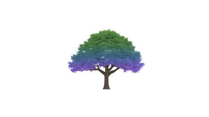 Tree with green, blue, and purple gradient foliage, isolated on transparency background, symbolizing diversity and creativity, vibrant and unique nature concept