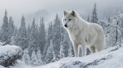 Obraz premium Majestic white wolf on snowy mountaintop