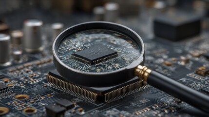 Close-up view of a microchip on a circuit board highlighted by a magnifying glass in a detailed electronics environment