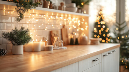 Rustic wooden kitchen counter featuring glowing candles, evergreen pine branches, and twinkling string lights, evoking festive warmth with soft-focus holiday backdrop