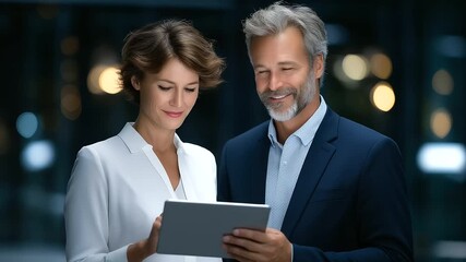 Managers Collaborating on Document Analysis with Tablet Technology, collaboration, teamwork, business meeting, digital devices, office environment, professional discussion - Powered by Adobe