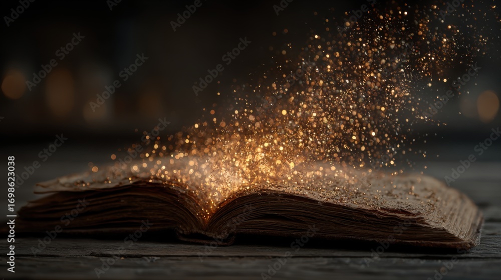 Aufkleber magic sparkles rise from an open book resting on a rustic wooden table during a dimly lit setting