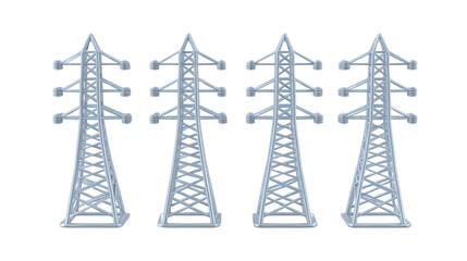 Four metal electricity pylons with lattice structure stand in row, isolated on transparent background, representing energy infrastructure and industrial power transmission