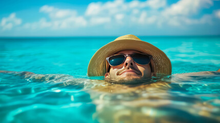 Young Caucasian man with a beard relaxes in clear turquoise water. He wears sunglasses and a straw hat