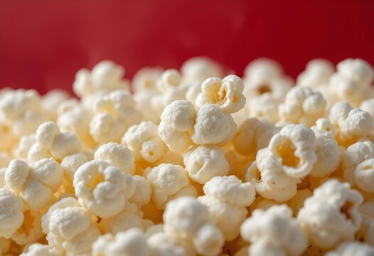 close-up fresh popcorn kernels on studio red background, snack food texture, movie theater image