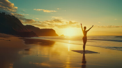 Fototapeta premium Silhouette of a woman practicing yoga on the beach at sunset. The scene features a calm ocean, golden sand