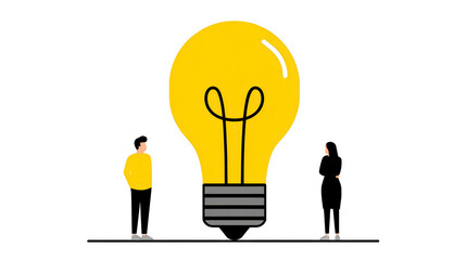 Large yellow light bulb illustration with two people standing on either side, symbolizing creativity, innovation, and brainstorming in modern, minimalistic style