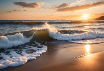 Obraz premium Sunlit Ocean Waves Crashing on a Sandy Shore at Sunset