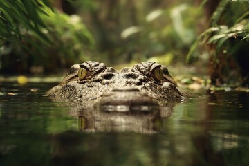 Fototapeta premium A Camouflaged Crocodile Eyes You Cautiously as it Lurks in Murky Waters Unseen