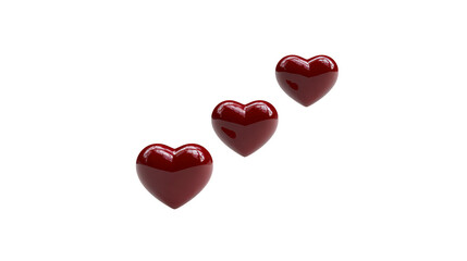 Three glossy red hearts float in row on transparent background, symbolizing love, romance, and affection, perfect for Valentine Day or romantic design themes