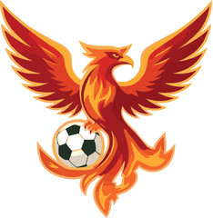Obraz premium Dynamic phoenix mascot with a soccer ball, a fiery emblem illustration for a sports team crest or logo