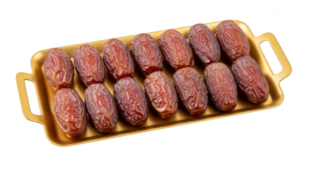 Medjool dates lined in golden tray