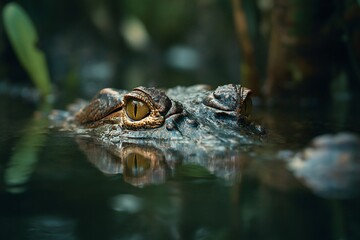 Fototapeta premium A captivating close-up of a crocodile's eye, observing from the aquatic surface