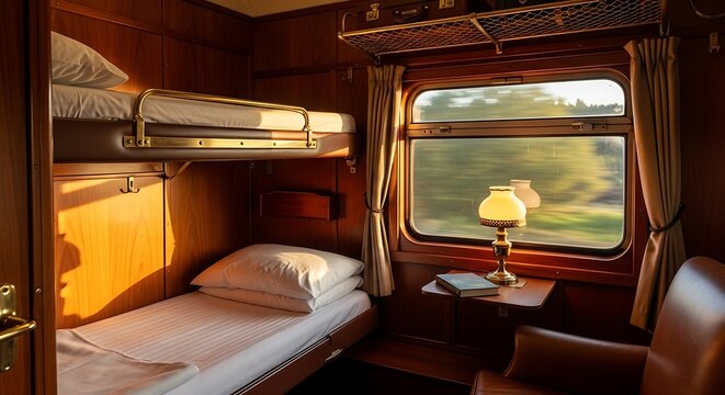 Cozy sleeper compartment on a vintage train with warm light from window and bedside lamp.