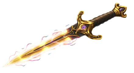 a majestic golden sword with glowing blade on transparent background