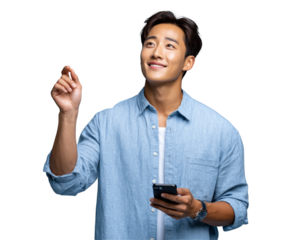 A man is holding a cell phone and smiling