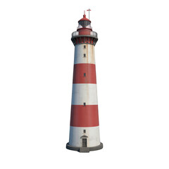Tall red and white striped lighthouse on transparent background