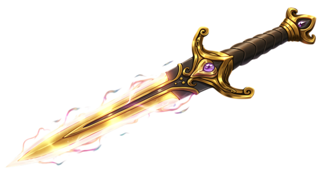 a majestic golden sword with glowing blade on transparent background
