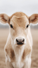 Portrait of young calf standing outdoors with blurred background, symbolizing farming, agriculture, nature and livestock, with natural environment and space for copy.