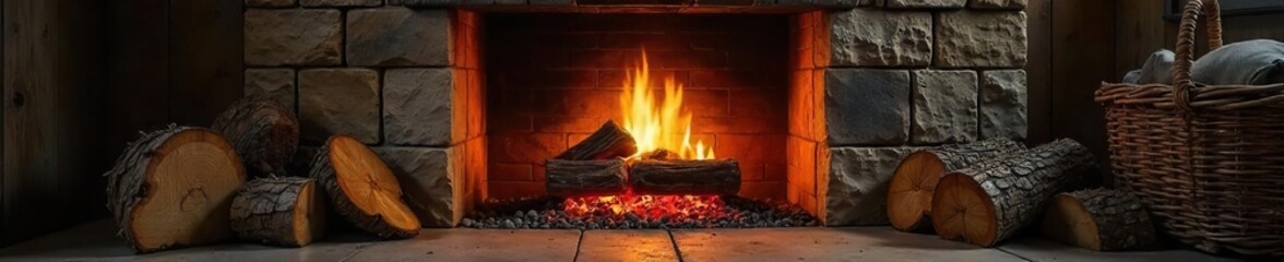 Cozy and inviting fireplace hearth with stacked firewood, rustic stone, and glowing embers  Perfect for autumn and winter themes, adding warmth and comfort to any design ,  warm,  comfortable