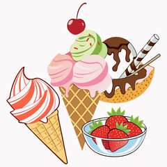 Assorted Ice Cream Cones with Chocolate Bowl and Strawberries Vector Illustration