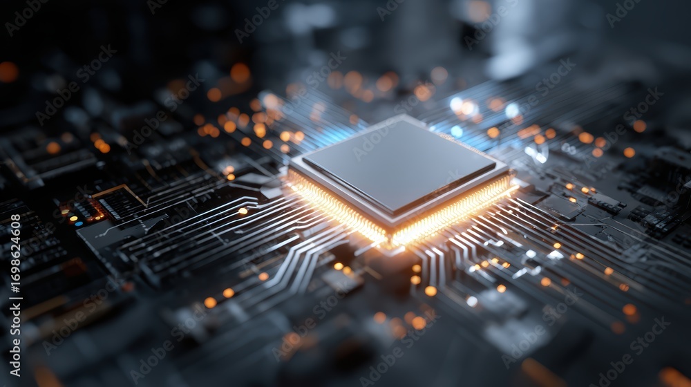 Poster digital brain: high-tech computer chip glows with intricate details, representing the core of modern