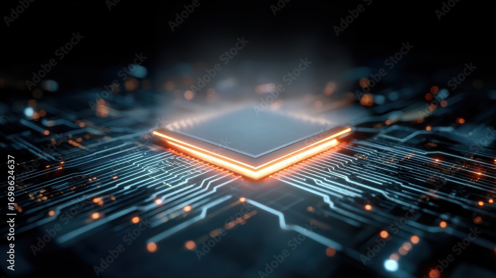 Poster digital heart: a dynamic cpu core illuminates in an electrifying blue glow, embedded within an intri