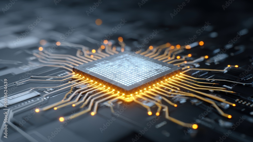 Poster circuit board: a close-up view of a state-of-the-art circuit board, highlighting intricate pathways 