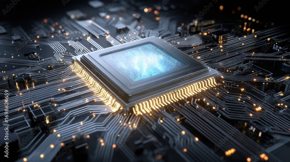 Poster technological powerhouse: illuminated cpu, symbolizing computing innovation. close-up of a luminous,