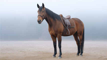 Naklejka premium Brown horse standing on sandy ground in misty landscape, symbolizing nature, freedom, countryside lifestyle and connection to animals, with clear area for copy space.