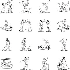 Set of Golfing People Glyph Illustrations
