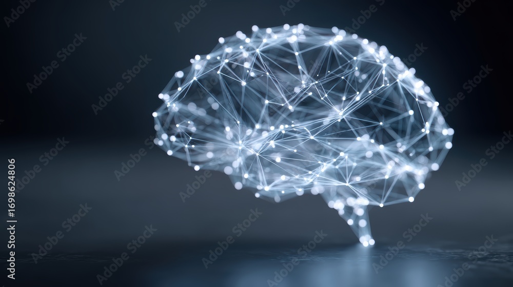 Poster brain network illustration: a vibrant and detailed 3d rendering of a human brain, meticulously craft
