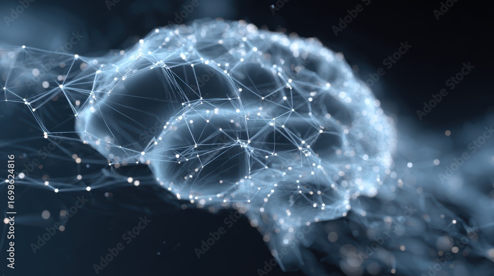Poster brain networks: an intricately lit digital representation of the human brain, showcasing a complex n