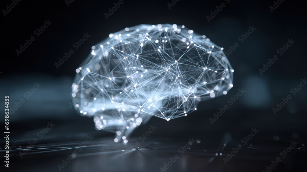 Poster digital brain: a high-tech illustration of a glowing brain, showcasing interconnected neural network