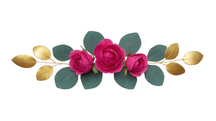 Pink rose flower arrangement with green leaves and gold foliage, elegant floral decoration for invitations, romantic and luxurious design element