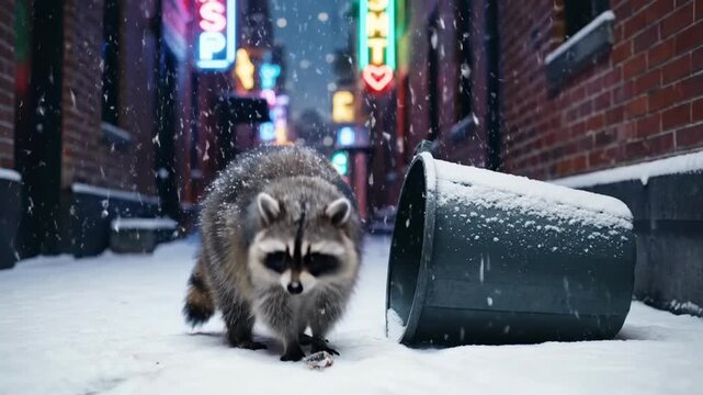 Raccoon rummaging in snow-covered trash bin on a vibrant neon-lit city street at night