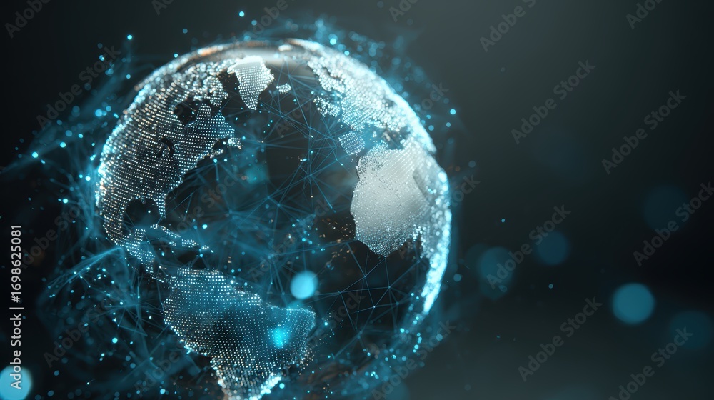 Poster global network visualization: a mesmerizing visualization of the world, interlaced with glowing digi