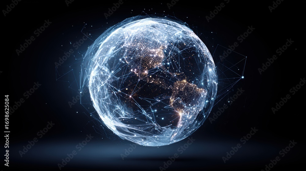 Poster global connectivity: a glowing globe, interconnected with a network of lines and dots, showcasing a 