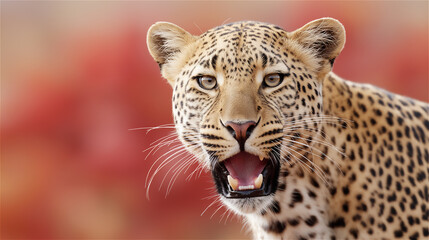 Obraz premium Close-up of leopard with open mouth against blurred background, symbolizing wildlife, strength, nature and predator instinct, with dramatic look and copy space.