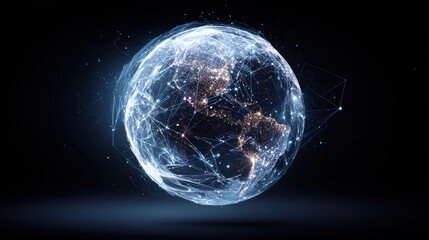 Obraz premium Global Connectivity: A glowing globe, interconnected with a network of lines and dots, showcasing a dynamic and futuristic view of our interconnected world.