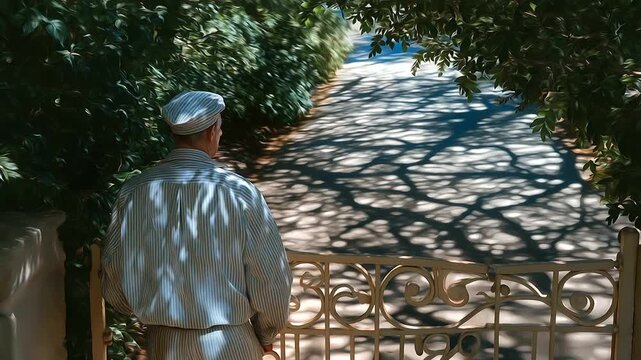 Mail Carrier Opening Gate with Sunlight Through Trees