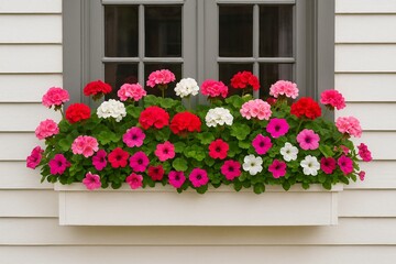 Obraz premium Colorful flower window box on white house exterior