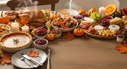 Fototapeta premium Thanksgiving dinner spread featuring roasted turkey, pumpkin pie, and autumn harvest vegetables on wooden table. Thanksgiving dinner includes cranberry sauce, nuts, and cheese,