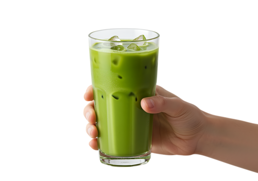 hand holding glass of green tea with ice cubes on transparent background