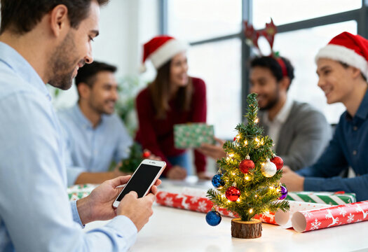 Office celebration with diverse young coworkers exchanging gifts during Christmas party with decorations, small tree, holiday wrapping and cheerful mood in modern workspace